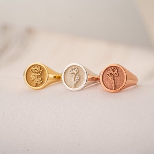 Custom Gold Signet Ring with Birth Flower and Sunflower, Personalized Pinky Ring for Women Floral Jewelry image 8