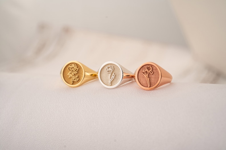 Custom Gold Signet Ring with Birth Flower and Sunflower, Personalized Pinky Ring for Women Floral Jewelry image 8