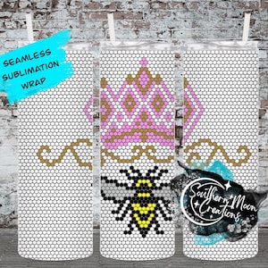 May include: A sublimation wrap design for a tumbler featuring a pink and gold crown, a yellow and black bee, and a swirl design. The design is on a white background with a black grid pattern.
