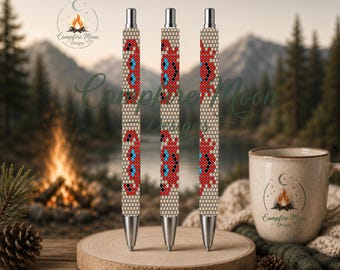 May include: Three retractable pens featuring a cylindrical barrel with a repeating geometric pattern of red, blue, and black beads on a cream background. Each pen has a silver-toned metal tip and a click-action top mechanism for operation.