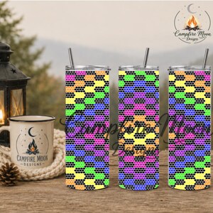 May include: Three cylindrical tumblers with lids and straws, featuring a repeating geometric pattern of small black dots arranged in hexagonal shapes filled with vibrant neon colors including yellow, green, blue, orange, and magenta.
