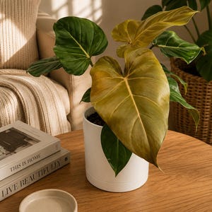 May include: A potted philodendron plant with large, heart-shaped leaves in shades of deep green and golden yellow, housed in a smooth white cylindrical ceramic pot. The plant sits on a wooden surface next to two stacked books and a small beige dish.