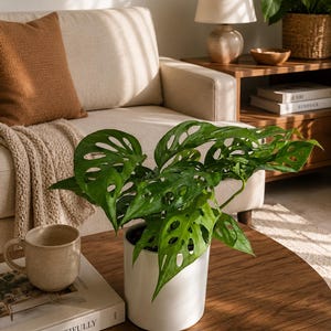 May include: A Monstera adansonii plant with vibrant green, fenestrated leaves potted in a smooth, cylindrical white ceramic planter. The plant sits on a round wooden table next to a beige ceramic mug and a book with the text LIVE BEAUTIFULLY.