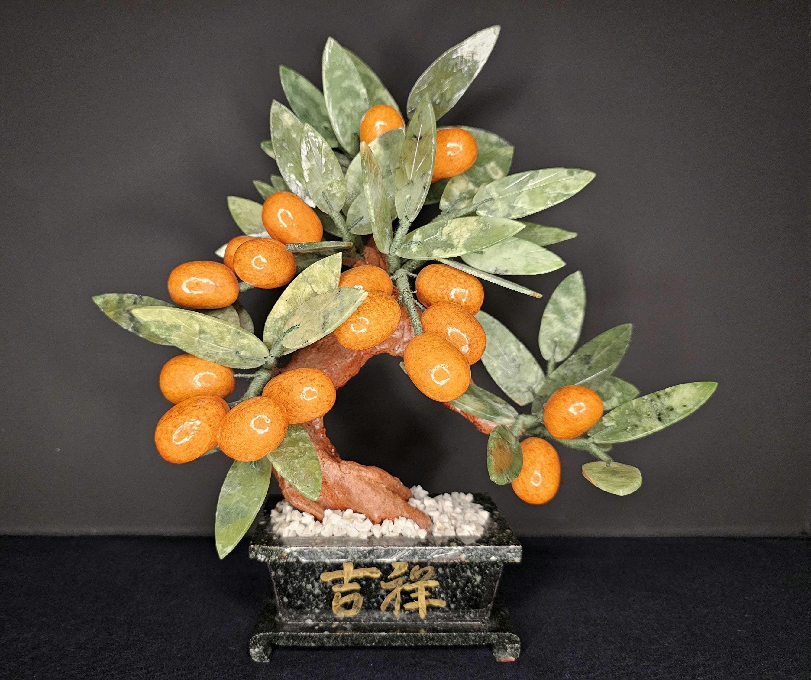 Vintage Large Jade Stone Kumquat Bonsai Gemstone Tree Fruit Plant