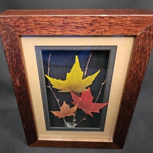May include: A framed art piece featuring three colorful autumn leaves. The leaves, in shades of yellow, red, and orange, are set against a dark background within a wooden frame. The frame has a rich, dark brown finish.