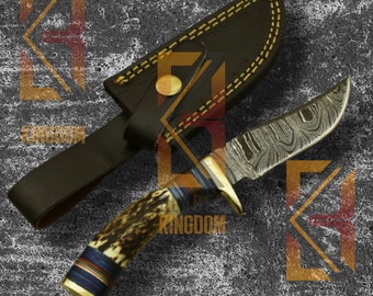 Handmade Damascus Steel Stag Horn Knife Enchanting Bolster Handle Custom Leather Sheath