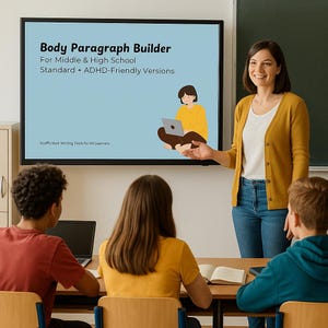 Puede incluir: Una escena de aula con una profesora presentando una pantalla que muestra el texto "Body Paragraph Builder". La pantalla muestra una ilustración de una persona con un portátil. Los estudiantes están sentados en escritorios y la profesora lleva una rebeca amarilla.