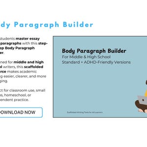 Puede incluir: Gráfico digital que promociona el "Body Paragraph Builder" para estudiantes de secundaria. El texto incluye "Versiones estándar + para TDAH" y "Descargar ahora". Una ilustración muestra a una persona usando una computadora portátil.