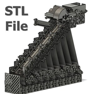 May include: A grey 3D digital model of a mechanical assembly featuring a sloped track, structural support beams, and grid-patterned base plates. The text "STL File" is displayed in the upper left corner of the image in a bold, dark grey font.