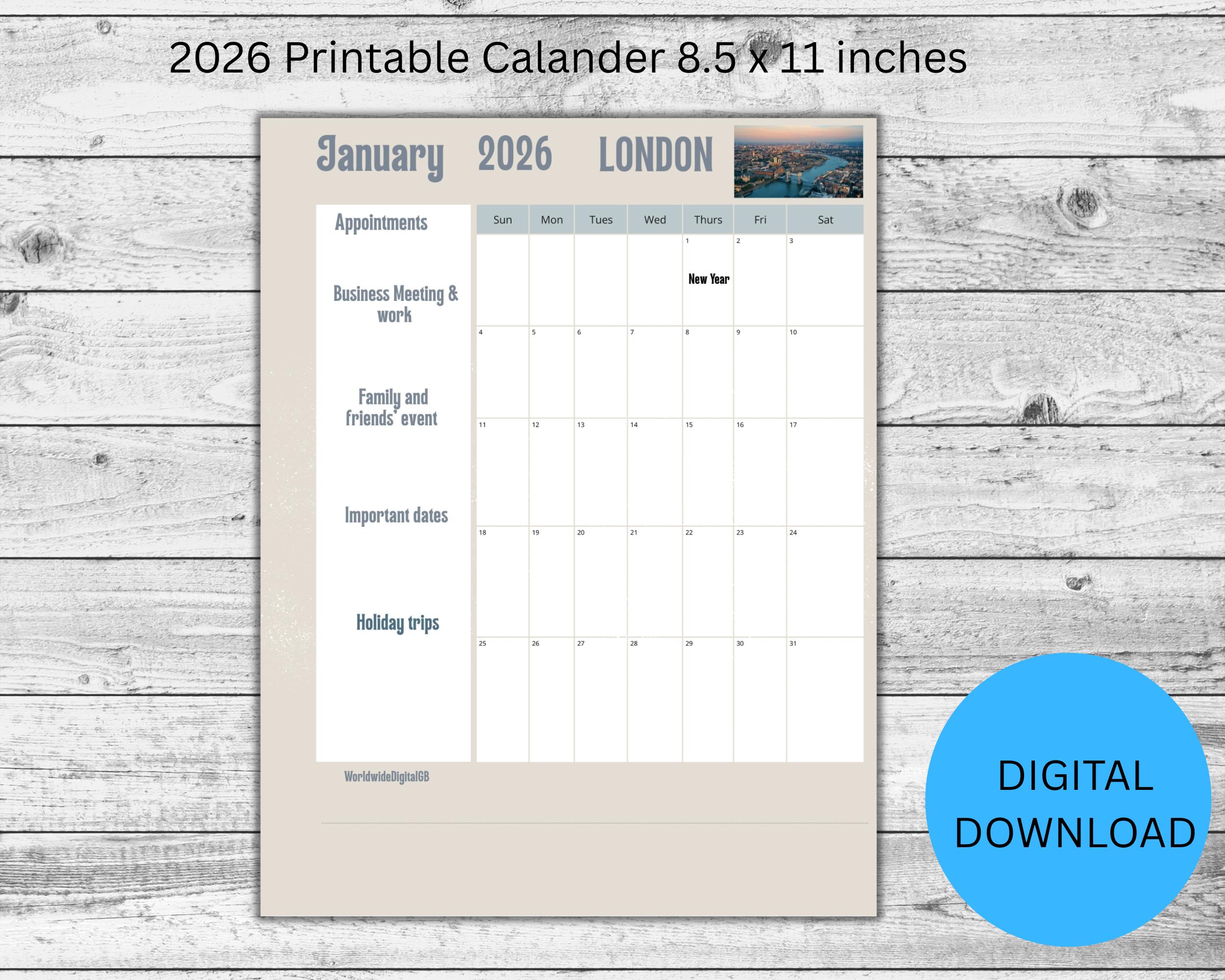 2026 Monthly Calendar with Written Notes , A4/ Letter, Printable calendar template, Annual calendar,  Digital instant download