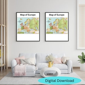 Kaart van Europa, beeldende kunst, PDF afdrukbare Wall Art Instant Digitale Download