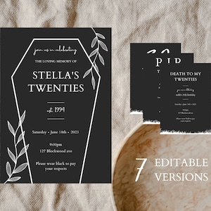 Convite editável de 30 anos | Funeral da minha juventude | Morte aos meus 20 anos | Tema Preto | Digital
