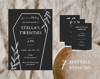 Coffin Party Invitation Editable Template, Here Lies My Youth