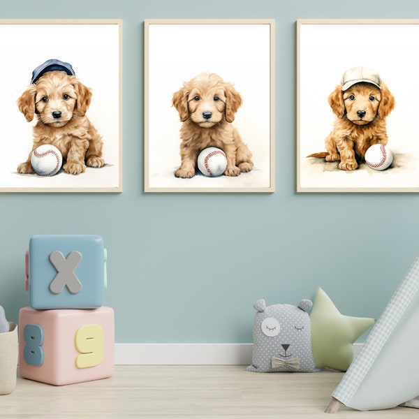 Watercolor Goldendoodle Baseball Puppy Print Set of 3 | 8x10 or 16x20 Printable Download | Nursery Artwork | Baby Room