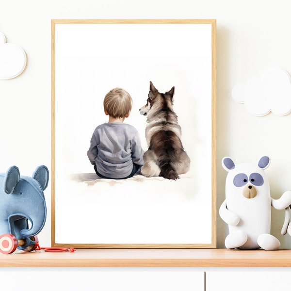 Watercolor Little Boy & Husky Dog Print | 8x10 or 16x20 Printable Download | Nursery Artwork | Baby Boy's Room