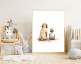 Watercolor Little Boy & Goldendoodle Dog Print | 8x10 or 16x20 Printable Download | Nursery Artwork | Baby Boy's Room