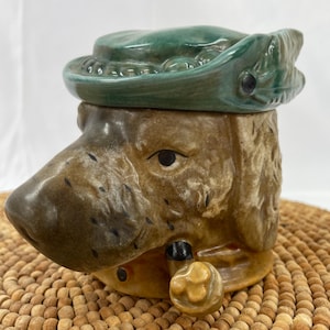 RARE Vintage Dog Majolica Tobacco Jar Cigar Humidor Figural Trinket Jar w Lid, Vintage Majolica Dog, Collectible Tobacco Jar, FREE SHIP