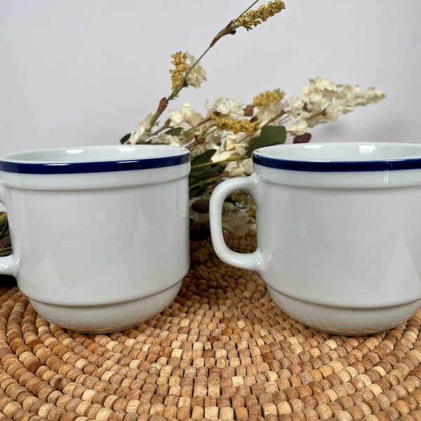 Oneida Tom's Diner Mug Set RARE & Discontinued, Vintage Authentic Restaurant Grade Porcelain Mugs with Blue Accent Color, FREE SHIPPING