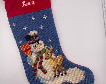 Vintage LINDA Embroidered Needlepoint Lilian Vernon Wool Snowman Reindeer Christmas Stocking Velvet Holiday Needlework Handcrafted Gift