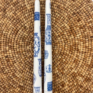 2 Blue Chinoiserie Vase Pattern Taper Candles Battery Operated Handcrafted Decoupage Artist Made Set of 2 Candle Gift Set Blue White Vase
