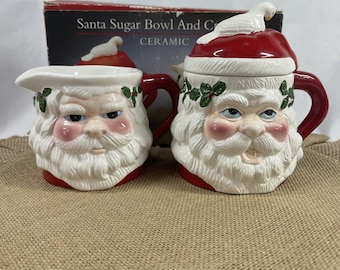 Santa Claus Ceramic Creamer and Sugar Bowl with Lid Christmas Set Vintage Kitschy Retro Holiday