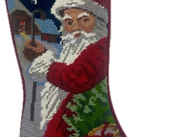 Vintage Needlepoint Wool Old World Santa Christmas Stocking Velvet Holiday Handmade Needlework Handcrafted, Holiday Vintage Stocking