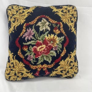 Vintage Wool Needlepoint Floral Victorian Style Pillow with Zipper 11 in Square Velvet Back Traditional Handcrafted Cushion, Free Shipping!