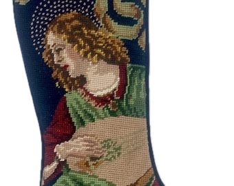 Vintage Needlepoint Wool Angel Music Christmas Stocking Velvet Holiday Handmade Needlework Handcrafted, Holiday Vintage Stocking Decor