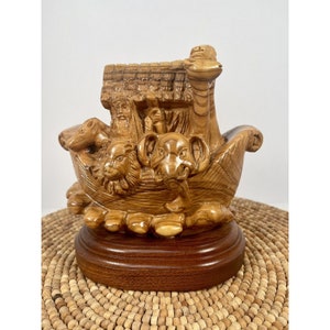 HUGE Intricately Hand Carved Olive Wood Noah&#39;s Ark on Wooden Base from Holy Land