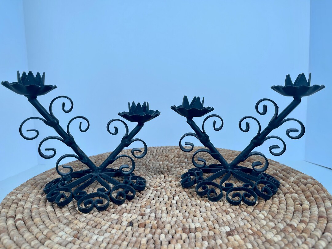 RARE Black Metal Iron Ornate Set of 2 Candle Holders, Vintage Iron