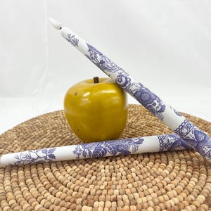 Traditional Blue and White Taper Candles Battery Operated Handcrafted Artist Decoupaged Sets, Chinoiserie Grand Millennial Floral Free Ship