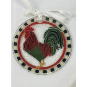 Vintage Peggy Karr Fused Glass Checkerboard Rooster Suncatcher Ornament Chicken Farm Life Collectible, Artist Made Ornament, Free Shipping