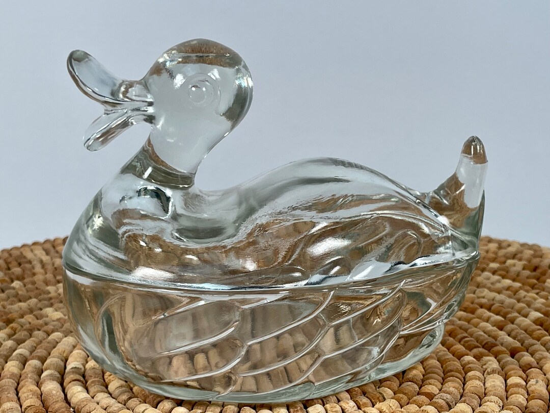 Vintage Glass Duck Candy Dish, Glass Art, Trinket Dish, Dish