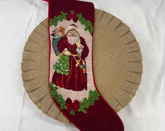 Vintage Needlepoint Wool Old World Santa Christmas Stocking Velvet Holiday Handmade Needlework Handcrafted, Holiday Vintage Stocking Decor