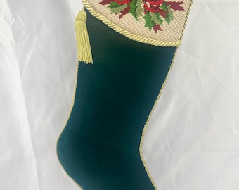 Vintage Needlepoint Floral Ribbon Christmas Stocking Velvet Tassel Holiday Handmade Needlework Handcrafted, Holiday Vintage Stocking Decor