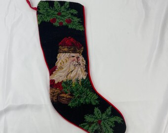 Vintage Needlepoint Wool Old World Santa Christmas Stocking Velvet Holiday Handmade Needlework Handcrafted, Holiday Vintage Stocking Decor