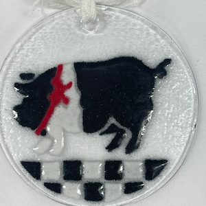 Vintage Peggy Karr Fused Glass Checkerboard Pig Suncatcher Ornament Piggy Farm Life Collectible, Artist Made Ornament, Free Shipping