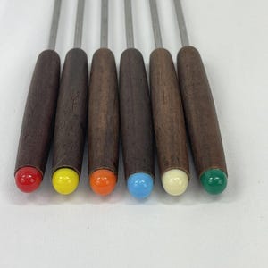 Set Vintage Teak Fondue Forks Made Japan Stainless Steel Rainbow Handle Tips MCM Mid Century Modern Retro Party Accessories, Free Shipping