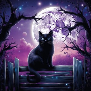 Black cat, moon, fence, Ai art, instant download, Svg, Png, sublimation art, crafts, Halloween, summer night