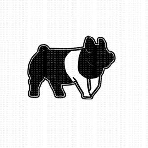 May include: Black and white silhouette of a pig. The pig is standing on all four legs and has a curly tail.