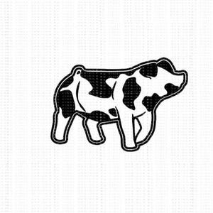 May include: Black and white silhouette of a pig standing in a showman stance. The pig has a spotted pattern.