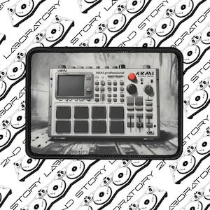 Op de afbeelding: Een zwart-witte afbeelding van een zilveren Akai professionele drummachine met een rode knop. De drummachine heeft een klein scherm waarop "WIPAJ" staat en een groter scherm waarop "AKAI professional" staat.