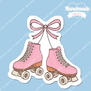 Kokette Rollschuh-Aufkleber Rosa Retro Skates mit Schleife-niedlicher Skater-Mädchen-Ästhetik-Vinyl-Aufkleber für Wasserflaschen, Laptops, Journale