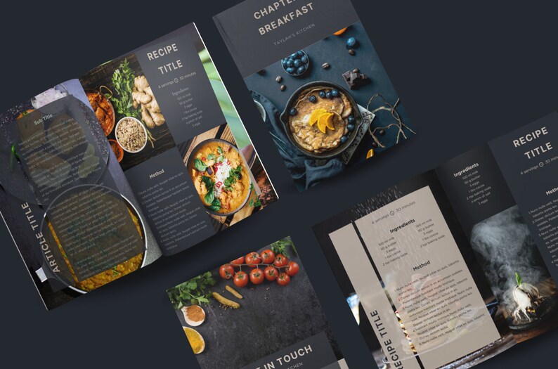 Preview of Canva recipe page layouts showing clean design for ingredients, method, cooking time, and customizable recipe titles