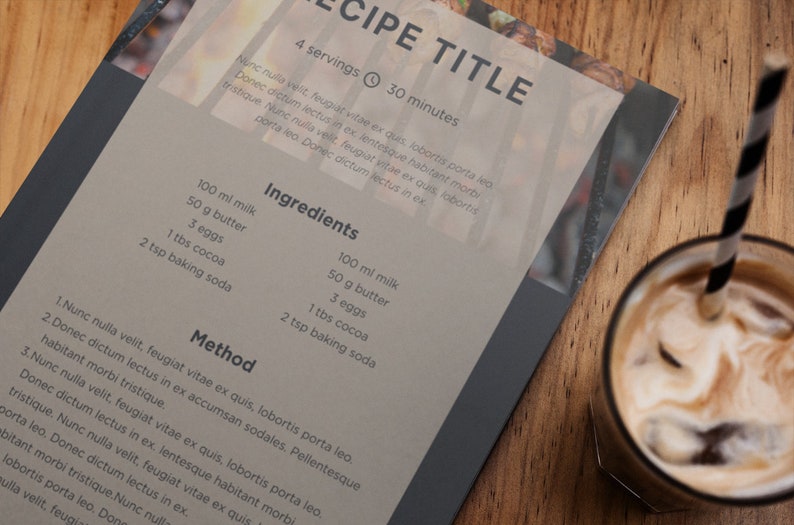 Printed Canva recipe page in dark modern design with minimalist layout, sleek fonts, and space for ingredients and cooking steps