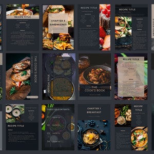 Modern dark-themed Canva recipe template with sleek layout, editable titles, and sectioned recipe steps