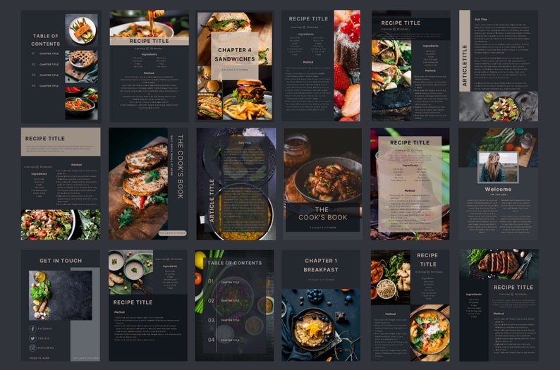 Modern dark-themed Canva recipe template with sleek layout, editable titles, and sectioned recipe steps