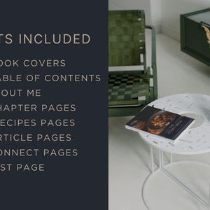Overview of Canva cookbook template contents including 4 book covers, 3 table of contents, 1 about me, 5 chapter pages, 19 recipe pages, 3 article, 2 connect and 1 last page/ book end.