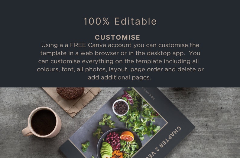 100% editable Canva cookbook template where all text, fonts, colors, and layout elements can be fully customized to suit your style