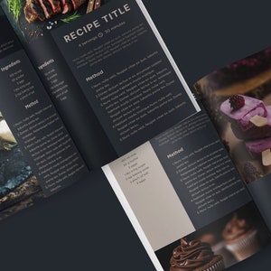 Modern dark-themed Canva recipe template with sleek layout, editable titles, and sectioned recipe steps